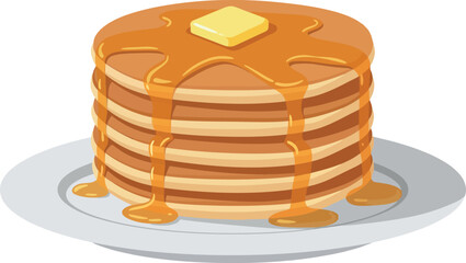 Stack of golden pancakes with melting butter and dripping syrup on white plate flat style vector illustration