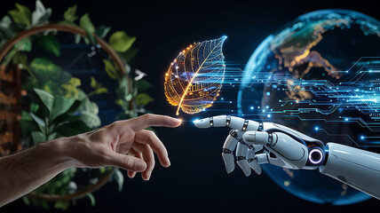Human and robot hands touch a glowing digital leaf against a backdrop of Earth symbolizing the intersection of technology and environmental consciousness.
