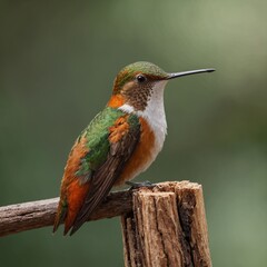 Fototapeta premium Rufous Hummingbird bird on piece of wood