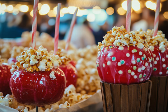 Candied apples with popcorn topping at festive market
- Powered by Adobe