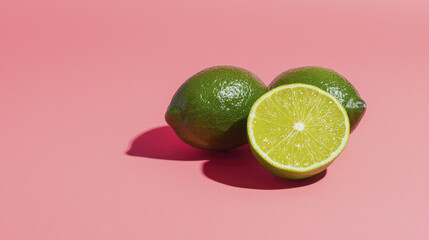 Fresh limes with cut lime showcasing vibrant green skin and juicy interior, perfect for culinary use and decoration