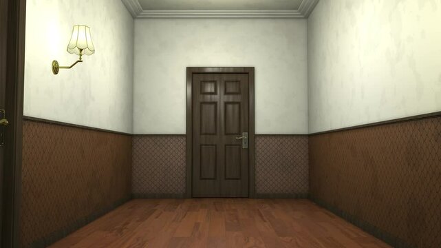 Blood crime scene at empty hotel corridor. Camera passing by hotel corridor with flickering lights, wooden doors, blood all over the place and ax at door. 3d rendering.