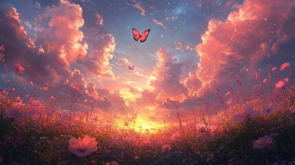 Pixelated Sunset Over Pink Flower Field with Butterflies and Cloudy Sky