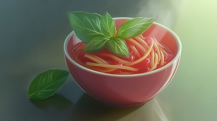 A steaming bowl of spaghetti topped with fresh basil leaves, set against a soft-focus kitchen background
