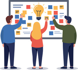 Three people brainstorming with sticky notes on whiteboard flat design collaboration and teamwork vector illustration