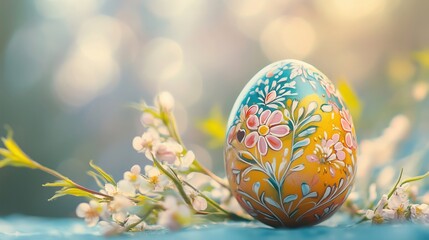 Fototapeta premium Painted Easter Egg with Spring Blossoms