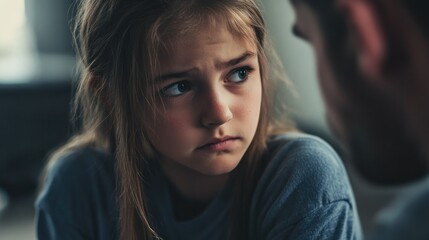 Fototapeta premium Concerned girl listens to adult in a soft-lit room