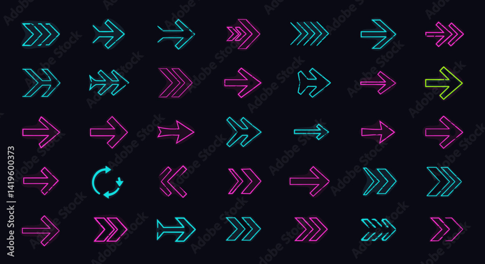 Poster arrows collection showing direction in neon style, glowing pointers for navigation and design, moder