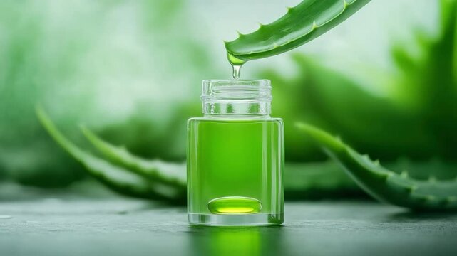 Fresh Aloe Vera Extract in Clear Bottle with Delicate Droplets Surrounded by Green Aloe Leaves in Natural Setting