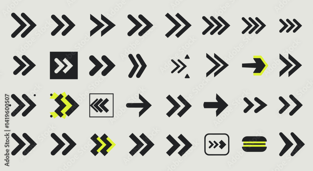 Poster assorted arrows pointing rightwards direction, forward movement and navigation icons collection for 