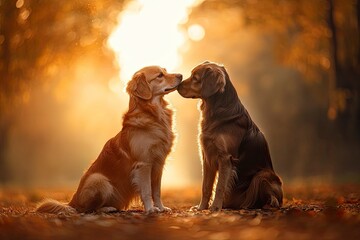 Two Dogs Touching Noses in Autumn Sunlight
