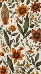 Autumnal floral pattern with rust and beige flowers and leaves. Warm, botanical design perfect for backgrounds or fall themes.