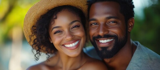 Fototapeta premium Couple smiles outdoors, happy, summer