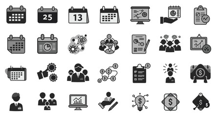 Business Planning and Strategy Icons Set Representing Financial Growth and Team Collaboration