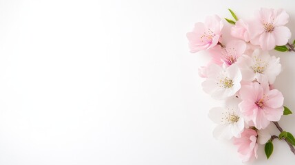 Obraz premium Delicate pink and white blossoms arranged on a plain white background