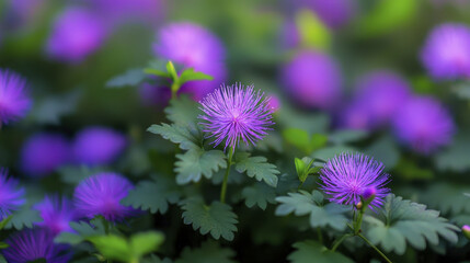Mimosa pudica flowers bloom vibrantly in purple, surrounded by lush green leaves, creating serene and captivating scene
