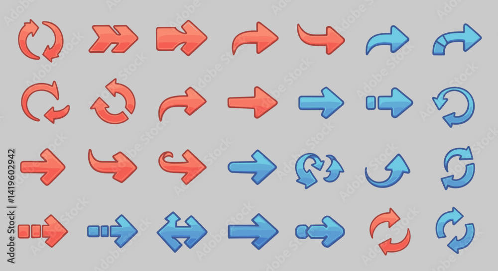 Poster cartoon arrow set showing direction and movement in red and blue colors for game ui design