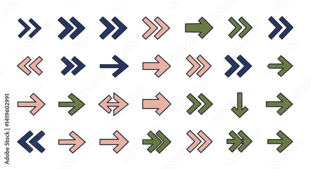 Poster collection of arrow icons in various styles and directions for web design and user interface element