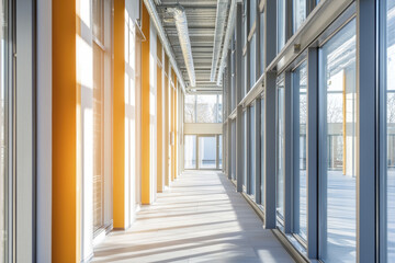 Obraz premium bright and modern corridor featuring large glass windows and orange accent walls, creating inviting atmosphere