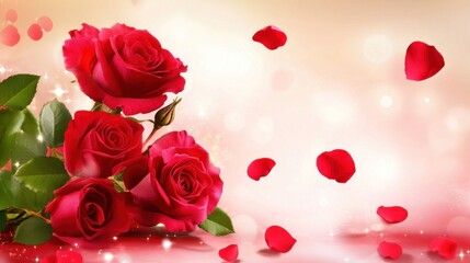 Romantic red roses with falling petals.