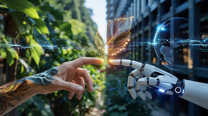 A robot and human hand touch beneath a glowing digital leaf conveying symbiosis of nature and technology representing environmental tech solutions and sustainability.