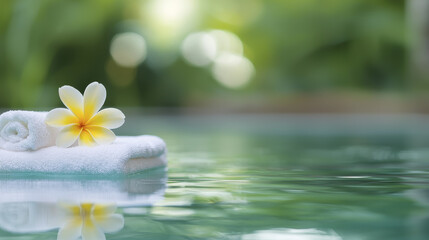 serene spa setting featuring white towel and frangipani flower resting on water surface, evoking relaxation and tranquility