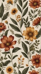 Autumnal floral pattern with rust and beige flowers and leaves. Warm, botanical design perfect for backgrounds or fall themes.