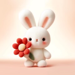 꽃을 들고 있는 말랑한 토끼 인형 일러스트