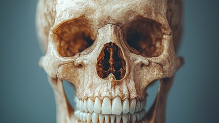Close-up view of a human skull.  Detailed anatomical features including teeth, eye sockets, and nasal cavity are visible
