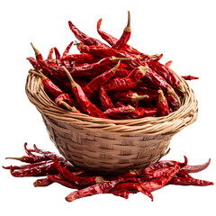 Fototapeta premium Dried red chili peppers, wooden baskets filled with dried chilies on a transparent background
