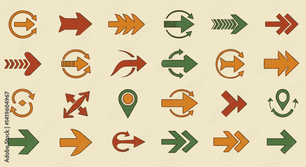 Poster set of retro directional arrow illustrations in various styles and orientations on beige background 