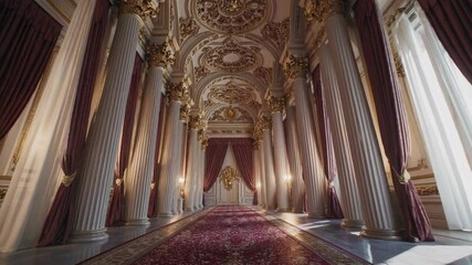 Sunlight streaming through grand palace windows, casting warm glow across ornate golden decorations, towering white columns, rich red carpet capturing royal architectural splendor - Powered by Adobe