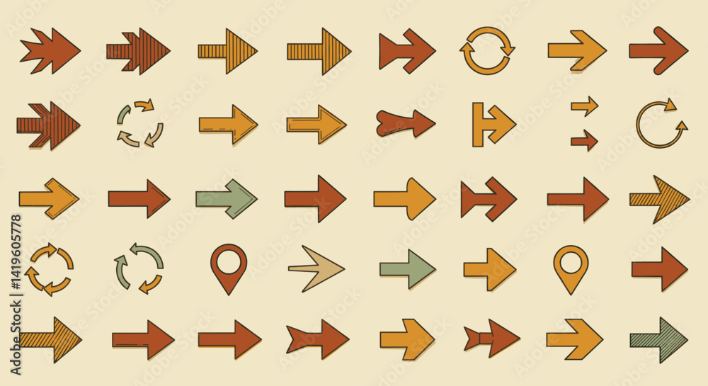 Poster diverse arrow collection with retro style pointing in various directions for design projects