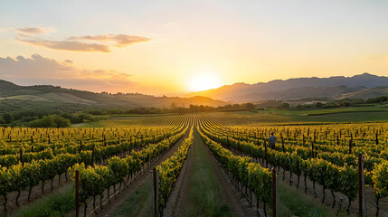 Fototapeta premium Vineyard Sunset Landscape In Tuscany