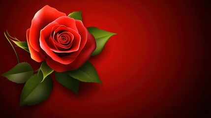 Fototapeta premium Vivid red rose with lush green leaves on a deep crimson background.