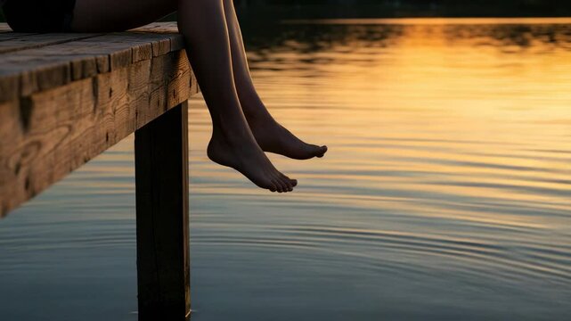 Serene sunset view with a person relaxing on a wooden dock, feet dangling over tranquil water