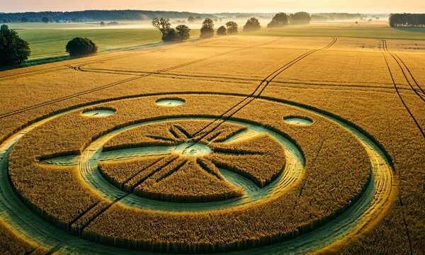 Aerial view of intricate crop circle pattern in golden wheat field during sunset