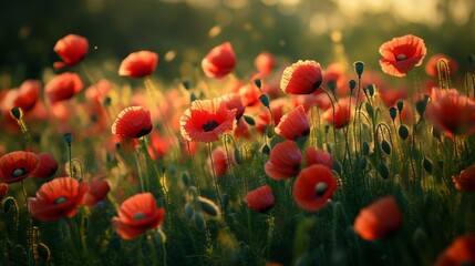 Fototapeta premium Red Poppies Blooming in a Field at Sunset