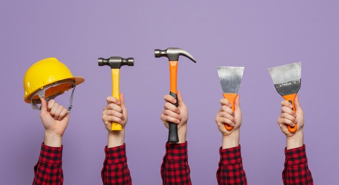hands wearing red plaid shirts are raised up in front of a pastel purple background, each hand holding a different construction tool