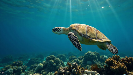 Obraz premium Majestic Sea Turtle Gliding Gracefully Over Colorful Coral Reef Landscape