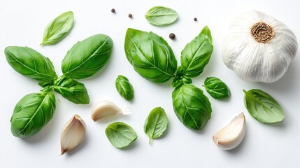 Fresh Basil and Garlic Culinary Still Life