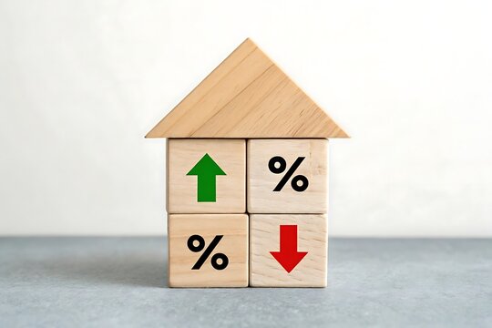 Mortgage rate interest percent increase decrease house shape isolated on white background