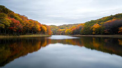 Fototapeta premium Autumn Colors Reflect On Calm Lake