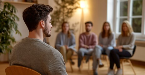 man at group therapy session sharing his issues and being vulnerable. Male mental health.
