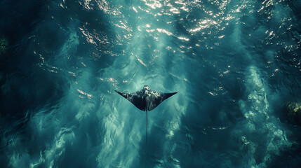 A stingray soaring through crystal-clear water, its wings spread wide as it effortlessly glides through the open ocean, with sunrays filtering through the surface