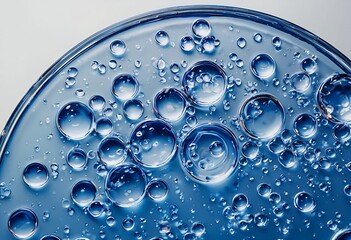 a close-up macro shot reveals a mesmerizing pattern of clear liquid droplets suspended within a vibrant blue viscous substance.