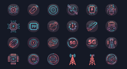 Futuristic technology icons depicting digital transformation, 5G network, and data processing innovation, showcasing connectivity and modern communication in a glowing neon style