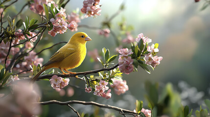 vibrant yellow bird perched on branch surrounded by delicate pink flowers, creating serene and picturesque scene