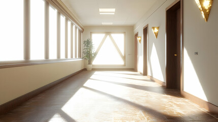 Obraz premium Bright Sunlit Empty Corridor With Beige Walls And Brown Floor