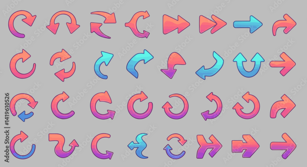Poster gradient arrow icons set for interface design and navigation purposes with unique cartoon styles and